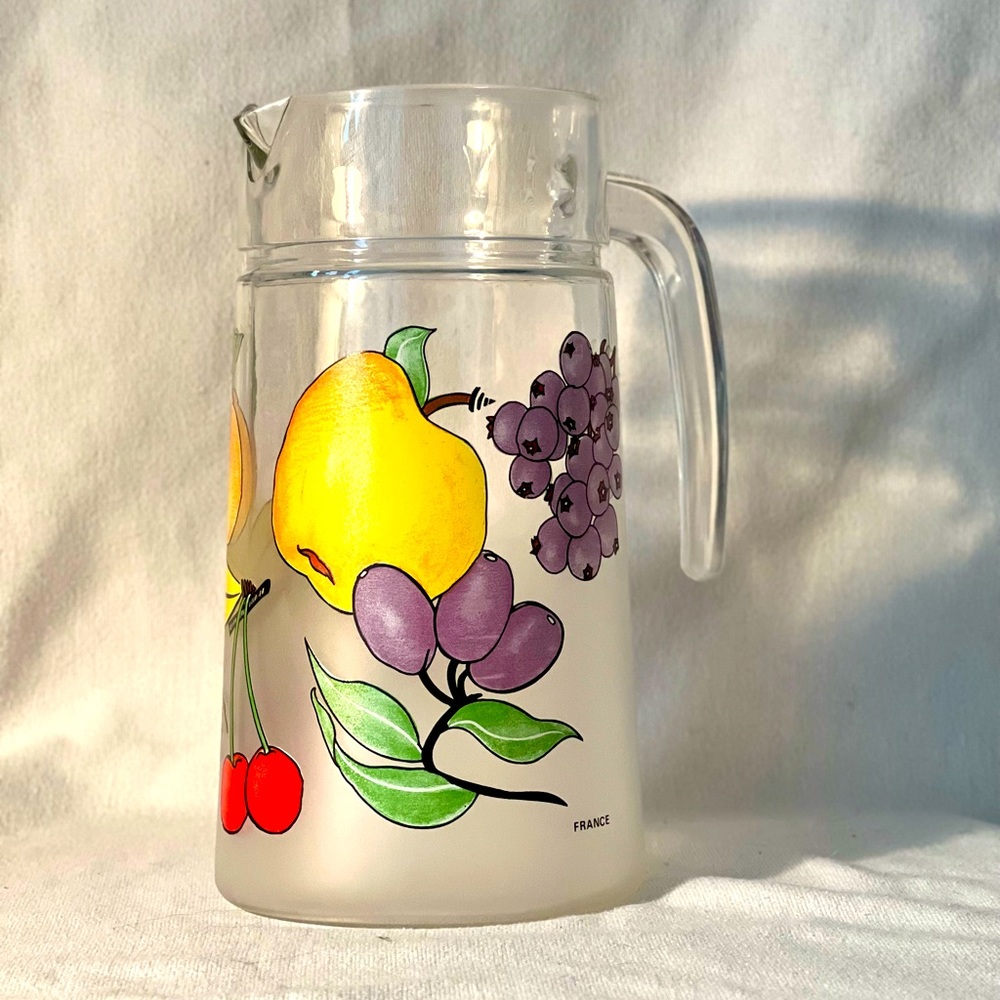 Vintage frosted Glass Pitcher Fruit Themed,  made in France